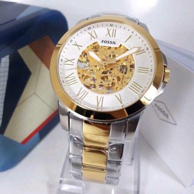 FOSSIL Grant 鏤空錶盤 羅馬數字時標 金色配銀色雙色不鏽鋼錶帶 自動機械錶 ME3112