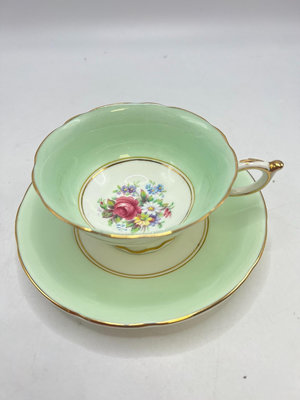 英國名瓷帕拉貢PARAGON 雙標 粉綠釉 內繪花咖啡杯紅茶