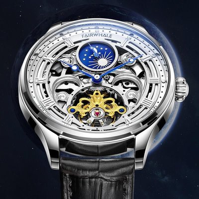 【潮裡潮氣】馬克華菲品牌商務手錶男日月星辰陀飛輪機械錶6100
