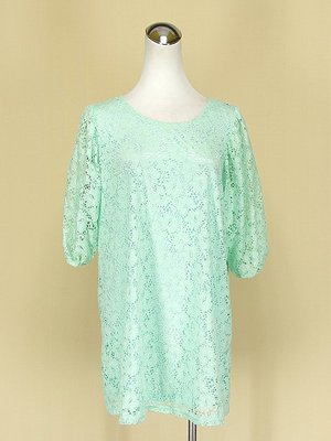 貞新二手衣 yoco 東京著衣 粉綠雕花圓領短袖蕾絲緞面洋裝F號(48923)