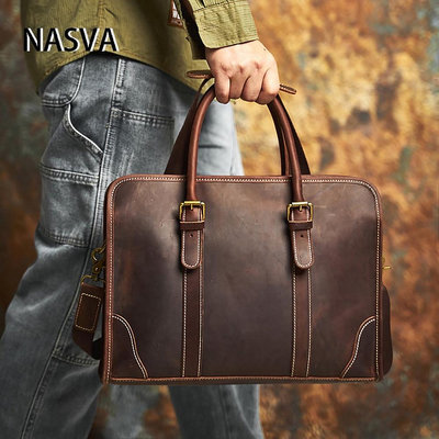 【經典真皮公文包】NASVA瘋馬皮復古手提包，男女通用單肩斜挎皮包，15寸筆電包