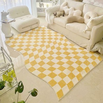 棋盤格客廳茶幾地毯仿羊絨綠白格子現代簡約ins 摩洛哥復古床邊毯