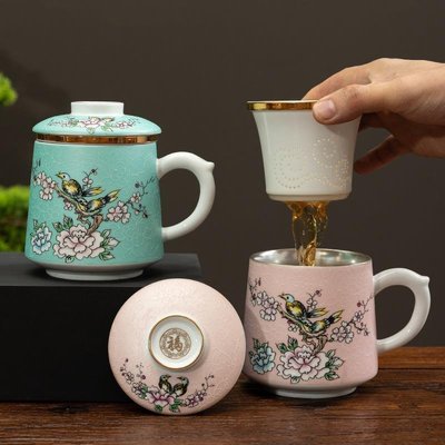 喜事臨門999純銀陶瓷泡茶杯帶蓋過濾茶水分離辦公杯茶葉~特價