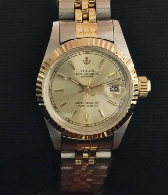 【神梭鐘錶】TELUX WATCH 瑞士自動上鍊eta2671機蕊勞力士款高級10金刻劃面五珠中金女妝機械腕錶