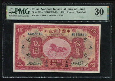 中國實業銀行伍圓，紅飛馬，正面為神馬馳海圖，背面為中國實業銀