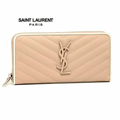 Saint Laurent Paris YSL ( 裸粉紅色×白色) 立體LOGO 真皮壓紋 銀色拉鍊長夾 皮夾 錢包｜100%全新正品