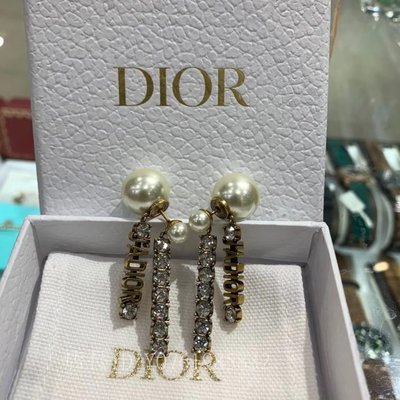 極美二手正品全新Dior TRIBALES耳環 珍珠水鑽耳環 耳釘 垂墜耳環 新款金字 JADIOR LOGO