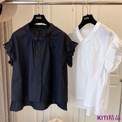 KITI精品夏季純棉襯衫 短袖寬鬆大尺碼 休閒法式洋氣 短袖襯衫 上衣女