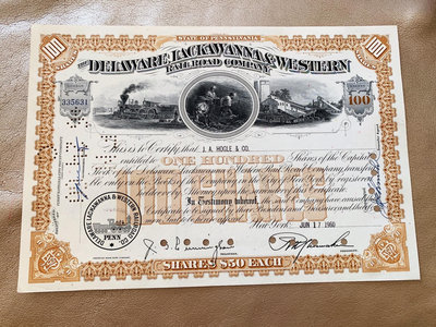1960年美國特拉華、拉克納和西部鐵路公司股票 錢幣 紙幣 紙鈔【悠然居】1252