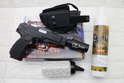 [01] Raptor MP-443 烏鴉 手槍 瓦斯槍 + 噴火 發光器 滅音管 + 12KG瓦斯 + 奶瓶 + 槍套