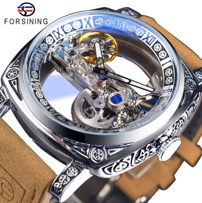 現貨男士手錶腕錶Forsining新品一條機手錶男士自動機械錶鏤空藍光玻璃高檔腕錶