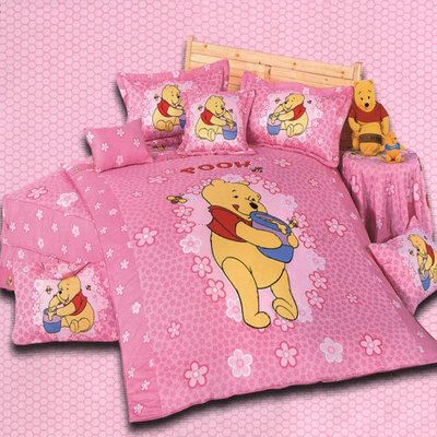 高級純棉台灣製造【Disney迪士尼】3.5呎x6.2呎三件式單人(薄)被套床包組-(快樂維尼)D3S-3505-粉紅色