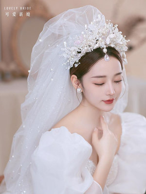 可愛新娘新款復古蕾絲手工婚禮新娘結婚皇冠婚紗禮服造型頭飾配飾