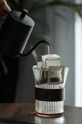 日式豎紋茶杯  束腰杯 掛耳式咖啡杯 300ml 玻璃杯 隔熱防燙 手沖咖啡杯 拿鐵杯 泡茶杯子