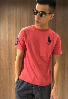 美國百分百【Ralph Lauren】T恤 RL 短袖 T-shirt Polo 大馬 深藍馬 素面 日出紅 E102