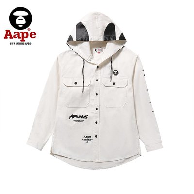 香港AAPE新款秋冬猿人口袋字母薄款黑白色男裝連帽風衣牛仔外套