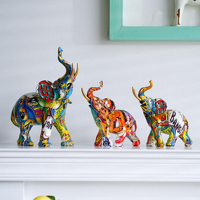 椒房 創意工藝品歐式炫彩水轉印大象擺件家居客廳辦公室涂鴉裝飾品 gc