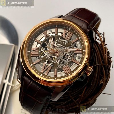 BULOVA手錶,編號BU00215,44mm玫瑰金古銅色錶殼,咖啡色錶帶款