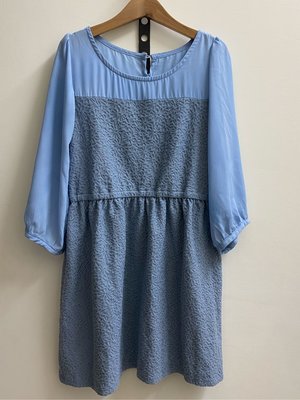 日本品牌nice claup天空藍色雪紡拼接8分袖洋裝連身裙腰圍鬆緊帶