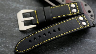 22mm直身Hamilton的新衣軍錶飛行風格鉚釘 黑色真皮錶帶seiko omega IWC＋黃色縫線