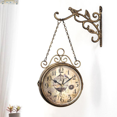 復古創意雙面掛鐘簡約鐵藝時鐘客廳裝飾雙面掛鐘鐵藝鐘表時尚-琳瑯百貨