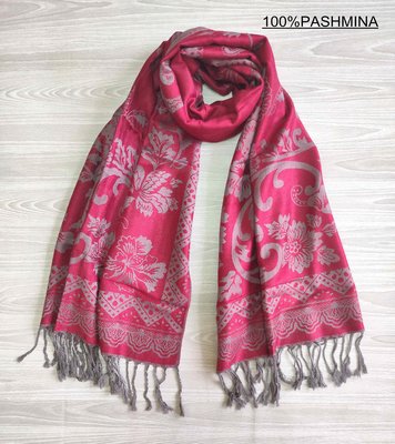 正品100%PASHMINA喀什米爾羊毛雙面會呼吸的圍巾披肩-三角花紅-送禮自用溫暖貼心禮物