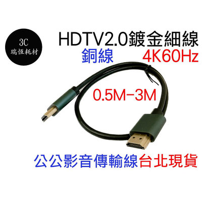 HDM 2.0 細線 極細線 4k 60hz hdtv 影音傳輸線 0.5m 1m 1.5m 2m 3m 50cm 1米