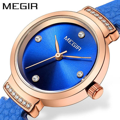 手錶男 美格爾megir女士手錶 時尚鑲鉆進口機芯真皮錶帶銅殼石英女錶4207