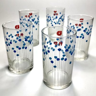 《NATE》台灣懷舊早期水杯【味丹 藍點圖案】玻璃杯~5只合售~(鄉村風,普普風)