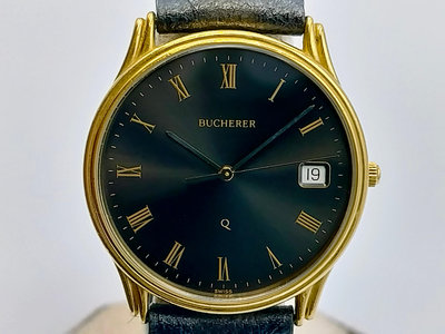 【發條盒子K0178】BUCHERER寶齊萊 灰面石英鍍金  經典男仕皮帶錶款 955.725