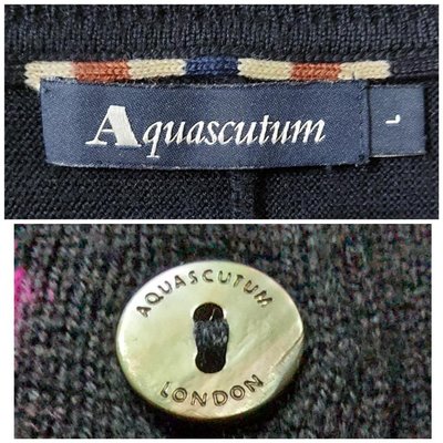 （搬家出清）近全新 100％ 美麗諾羊毛外套/針織衫外搭。英國皇室品牌  Aquascutum 深藍底紫桃玫瑰，品牌珍珠貝殼釦 尺寸L碼 夏姿 Daks