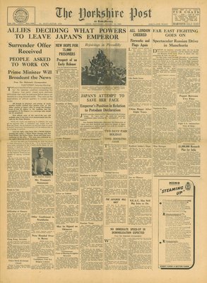 (徐宗懋圖文館) 二戰1945年8月11日 美國報紙《The Yorkshire Post》原件
