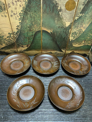 日本回流 銅杯托 梅蘭竹菊松 五個畫片 品相如圖偏遠地