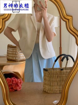 2023夏季新款韩国设计师法式名媛气质纯色小香风翻领西装短袖外套-男神的衣櫃