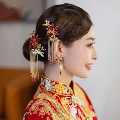 中式婚禮古典秀禾服頭飾 新娘中式 紅色秀禾頭飾 中式大氣紅色米珠對釵步搖流蘇髮簪 龍鳳褂結婚飾品-好鄰居百貨