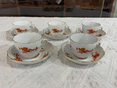 德國Meissen 描金橘色御龍咖啡杯碟，摩卡杯，底款兩道劃