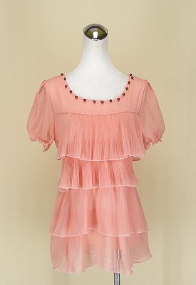 貞新二手衣 名模衣櫃 粉橘圓領短袖棉質洋裝長版F號(84235)