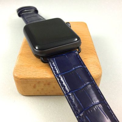 Apple Watch 專用 代用錶帶 深寶藍 真牛皮  ㊣ 壓鱷魚大格紋 質感加到破錶 38mm  42mm