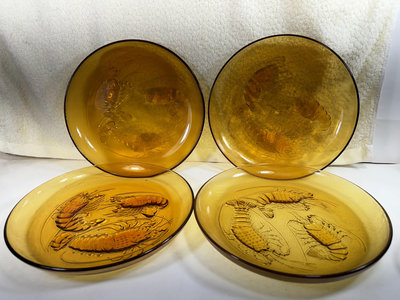 早期收藏 立體浮雕琥珀色玻璃蝦盤龍蝦盤