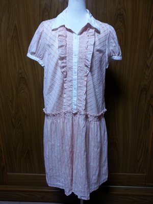 牧牧小舖~優質二手衣~(B049)ohoh mini粉色條紋短袖洋裝 孕婦裝 M號