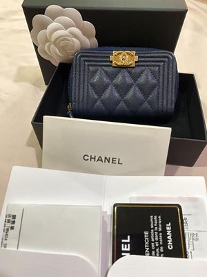 (已售出勿下標)保證真品CHANEL 香奈兒 荔枝皮 魚子醬皮 深藍色 boy 金扣 零錢包 短夾 卡夾大全配