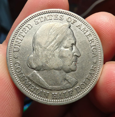 y美國銀幣50分紀念銀幣一枚。美國1893年哥倫布髮現美洲紀念