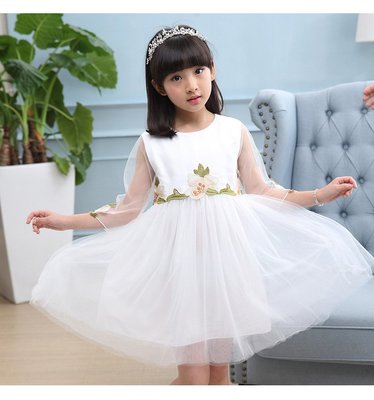 新竹金奇童裝兒童透明袖花朵禮服白洋裝女童花童畢業表演服蓬蓬裙白紗裙
