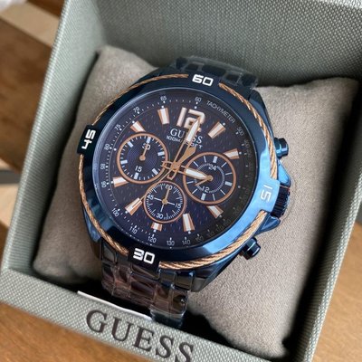 GUESS Surge 藍色面錶盤 藍色不鏽鋼錶帶 石英 三眼計時 男士手錶 W1258G3