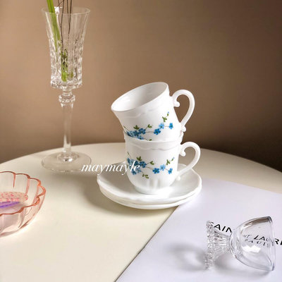 法國 Vintage Arcopal 藍花 奶玻璃 咖啡杯碟