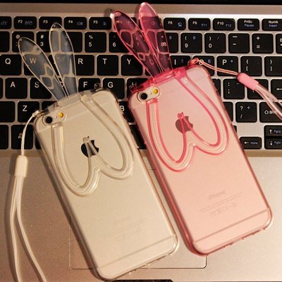【QINA精品】新款透明iphone5/5S/6/6plus/66兔耳朵支架手機殼矽膠保護套送掛繩