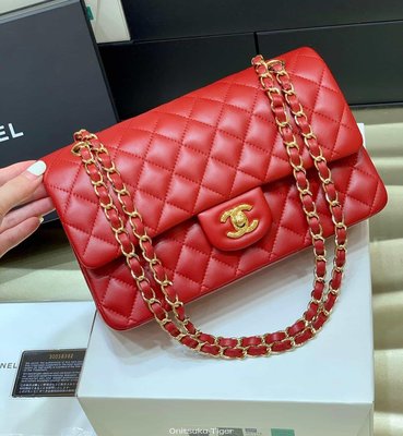 二手Chanel香奈兒 CF25 Classic flap bag A01112紅色羊皮金扣
