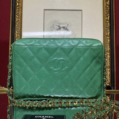 Chanel vintage 綠色荔枝皮大logo金球鏈條相機包