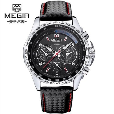美格爾MEGIR 男士手錶 假三眼 男士商務腕錶 休閒運動造型表 夜光指針 熱銷男錶