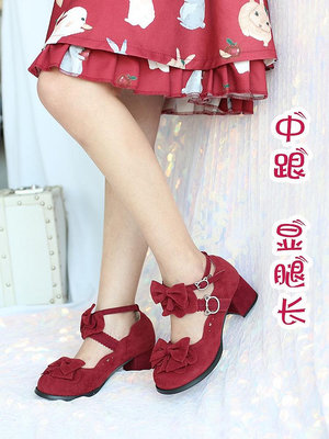 新款紅色婚鞋洛麗塔高跟圓頭皮鞋lo中跟可愛舒適小皮鞋女瑪麗珍鞋天秤百貨